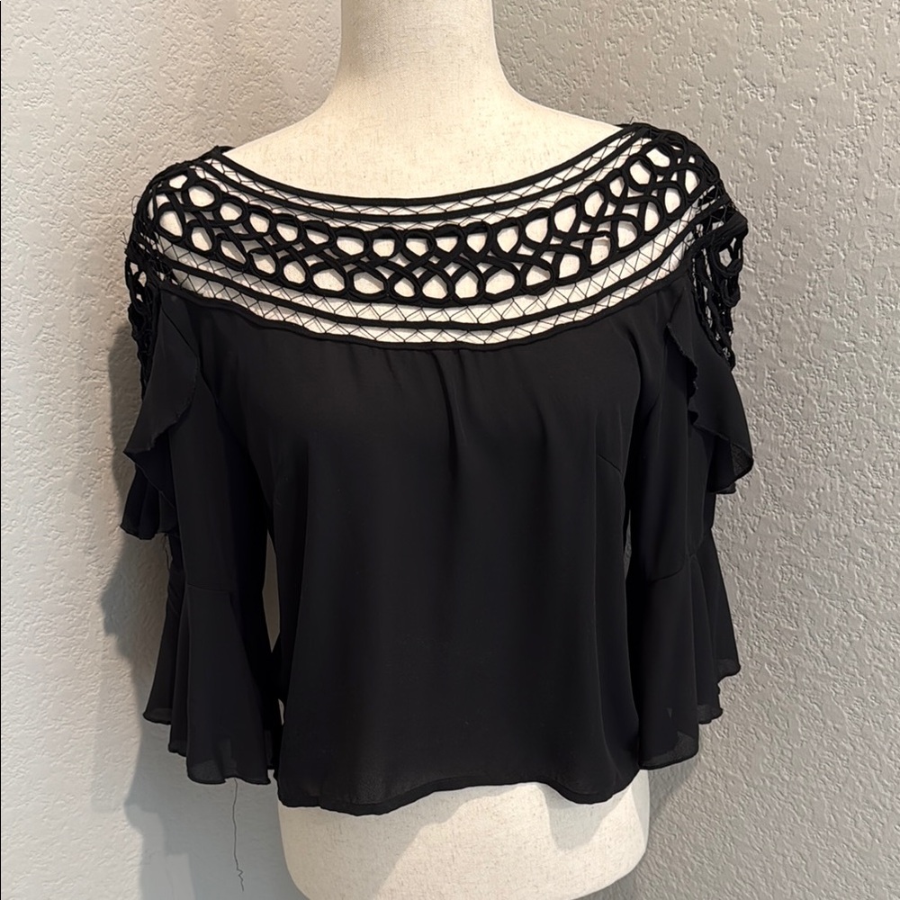 Free People Black Crochet Trim Blouse